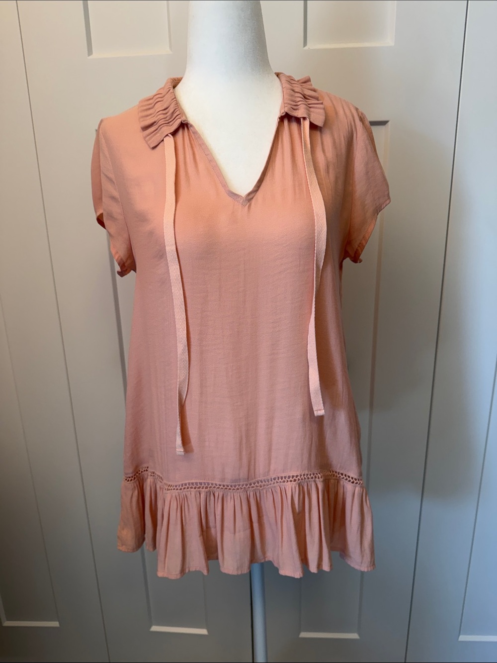 Anthropologie Blush Pink Ruffle-Collar Short Sleeve Tunic